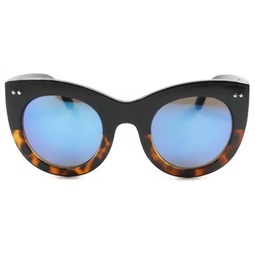 Womens Oversized Round Sunglasses Black Tortoise Blue Mirrored Lens